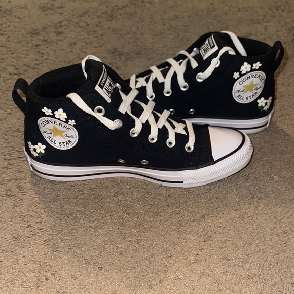 Converse Shoes - Women’s Converse Black High-Top Sneakers with White Daisy Accents